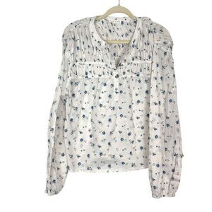 Flint & Moss Blouse Top XL White Blue Floral Long Sleeve ruched cottagecore